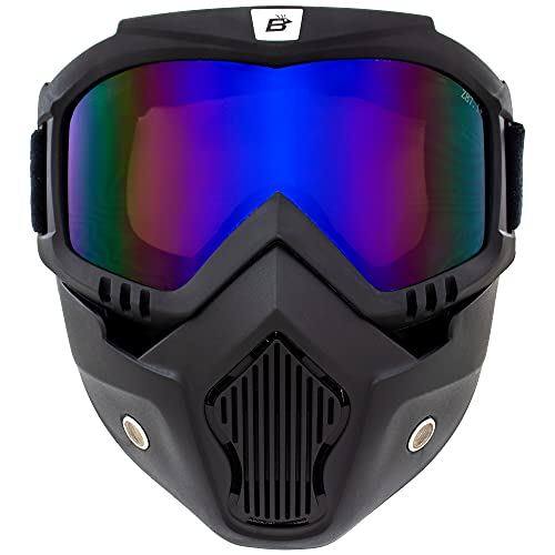 Birdz Eyewear Skylark Motorcycle Goggles Removable Face Mask Black Frame with ReflecTech Blue Mirror Lens - Image 1