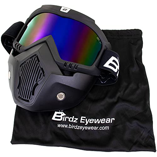Birdz Eyewear Skylark Motorcycle Goggles Removable Face Mask Black Frame with ReflecTech Blue Mirror Lens - Image 3