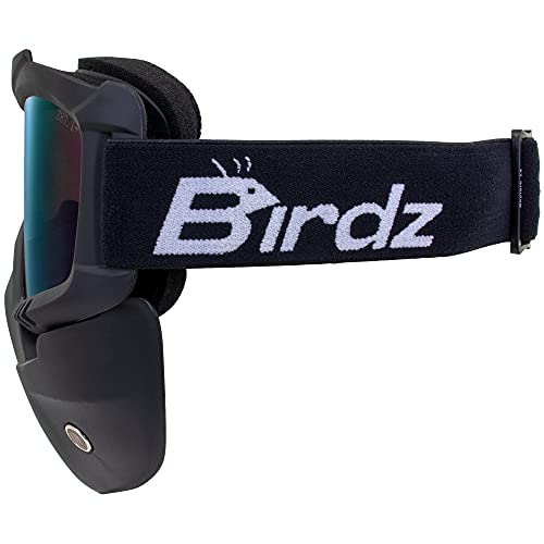 Birdz Eyewear Skylark Motorcycle Goggles Removable Face Mask Black Frame with ReflecTech Blue Mirror Lens - Image 2
