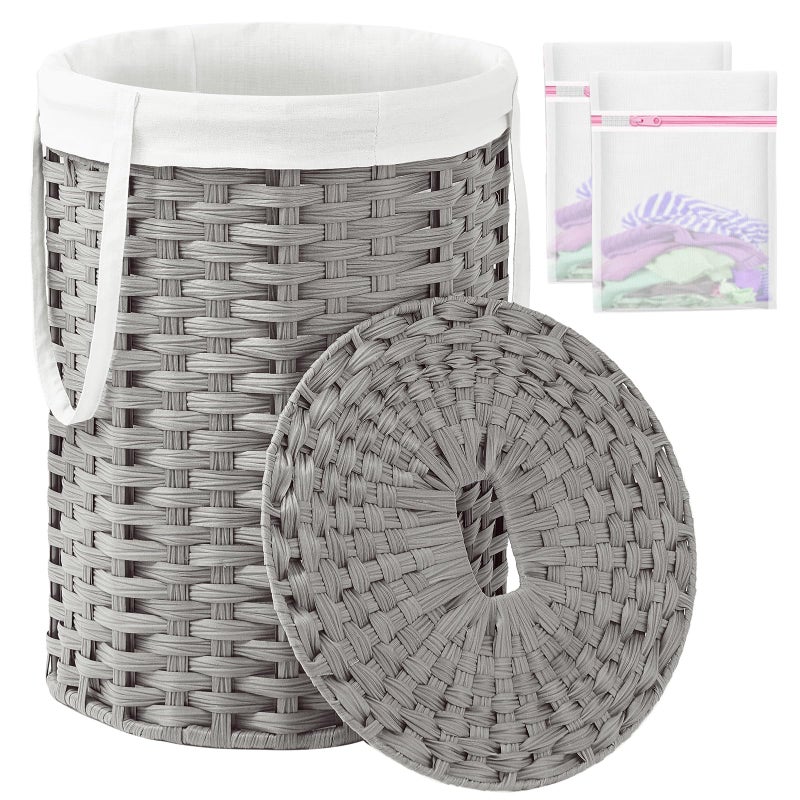 SETVSON Laundry Hamper with Lid Laundry Basket with Lid 19.0 Gal (72 L) Round Laundry Basket Handwoven Rattan Basket with Lid Removable Bag 2 Mesh Bags Handles for Living Room Bathroom Gray - Image 1