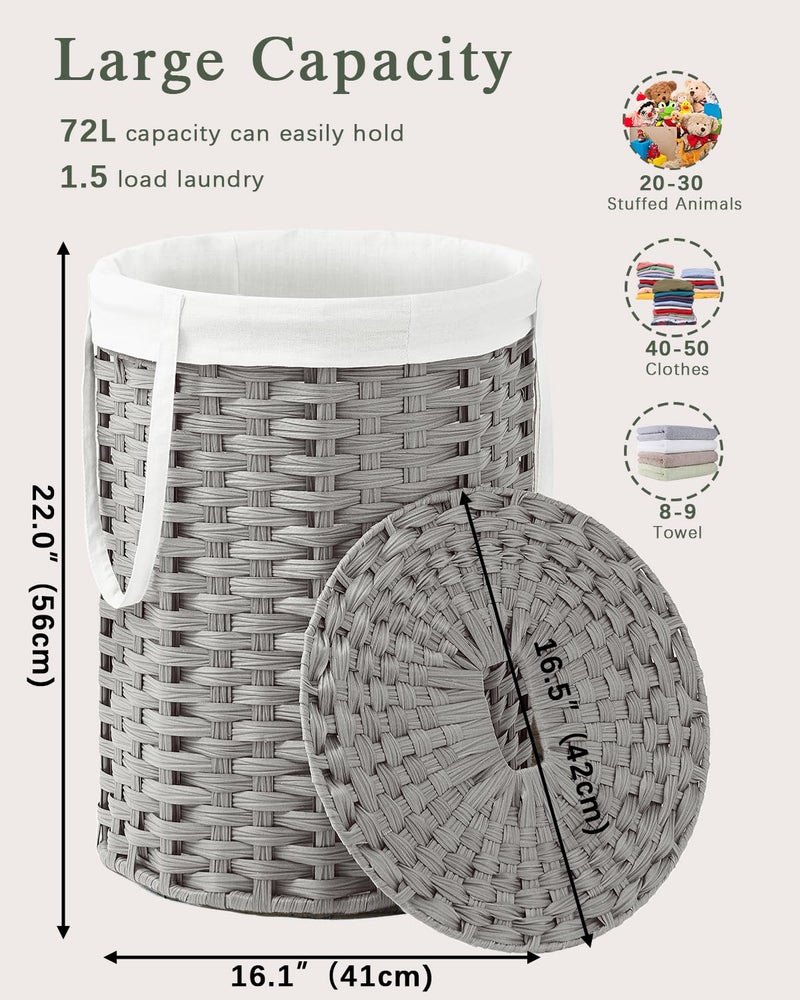SETVSON Laundry Hamper with Lid Laundry Basket with Lid 19.0 Gal (72 L) Round Laundry Basket Handwoven Rattan Basket with Lid Removable Bag 2 Mesh Bags Handles for Living Room Bathroom Gray - Image 4