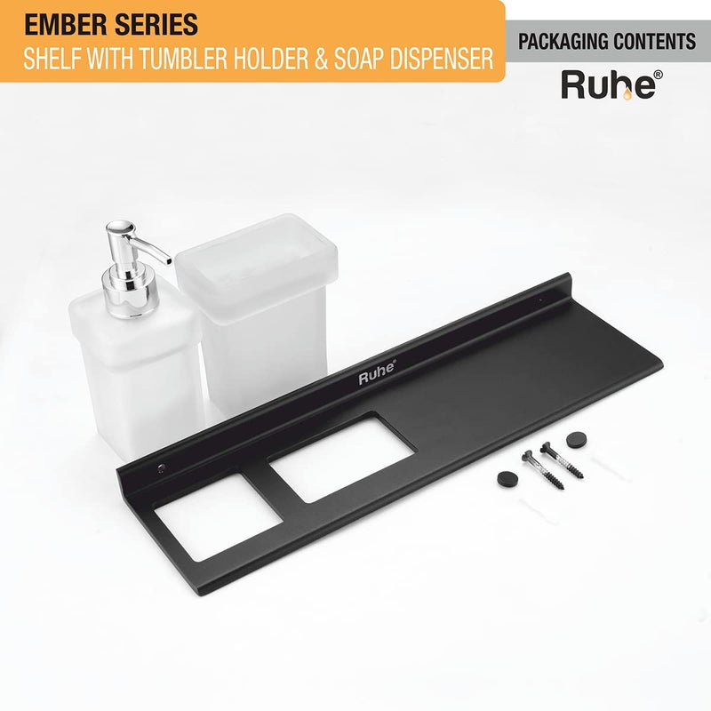RUHE رف Ruhe® سلسلة Ember مع حامل الكوب وموزع الصابون | رف مثبت على الحائط من الألمنيوم المساحة مع موزع الصابون وحامل الكوب/حامل فرشاة الأسنان للحمام | تشطيب أسود غير لامع - Image 4