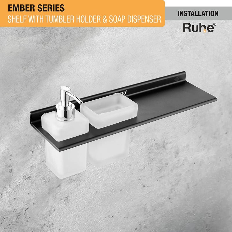 RUHE رف Ruhe® سلسلة Ember مع حامل الكوب وموزع الصابون | رف مثبت على الحائط من الألمنيوم المساحة مع موزع الصابون وحامل الكوب/حامل فرشاة الأسنان للحمام | تشطيب أسود غير لامع - Image 3