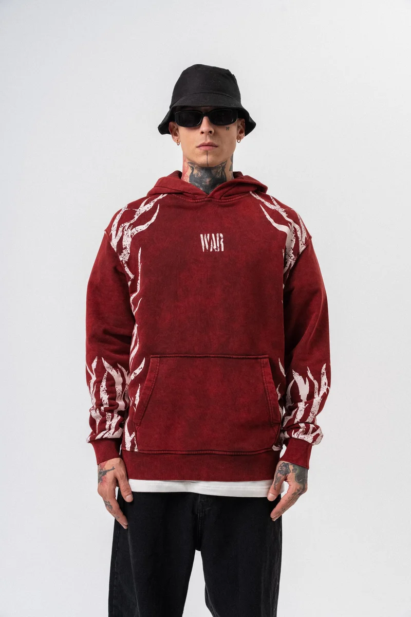 RESPIRE Men's War Printed Washed Hooded Oversize Hoodie Bordeaux