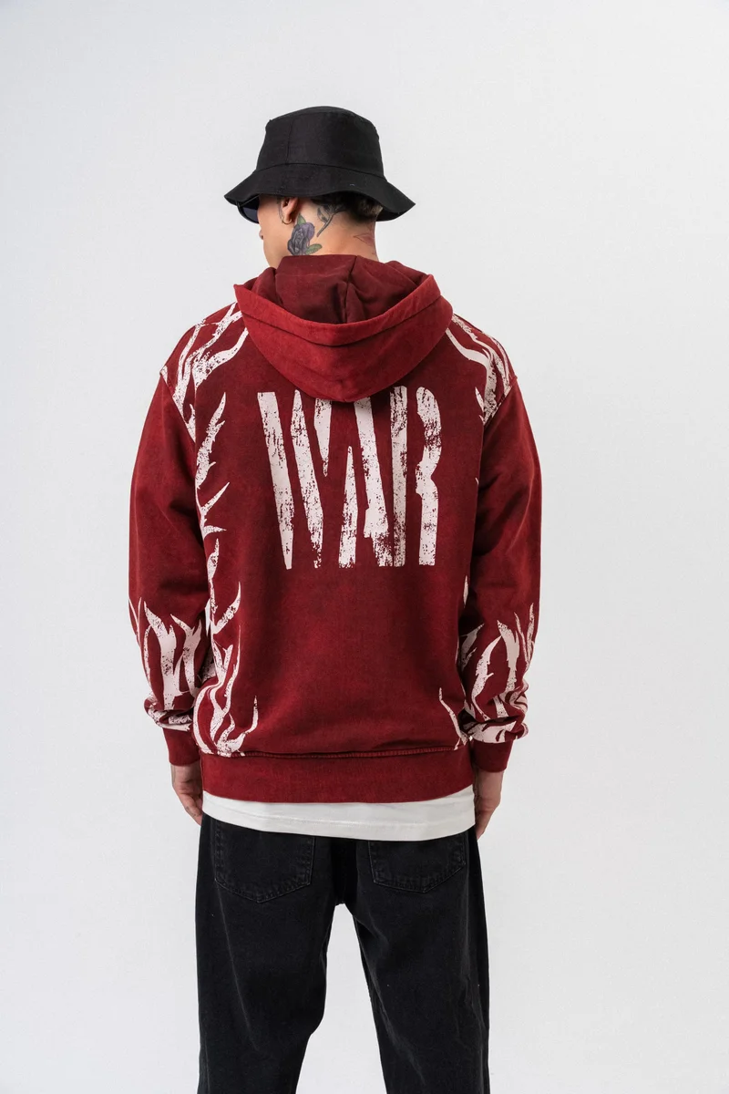 RESPIRE Men's War Printed Washed Hooded Oversize Hoodie Bordeaux