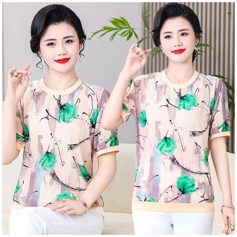 Autumn New Mother Printed Short-Sleeved New Chinese Round Neck Floral Slimming T-Shirt Fashionable National Style Middle-Aged And Elderly Shirt - Image 5