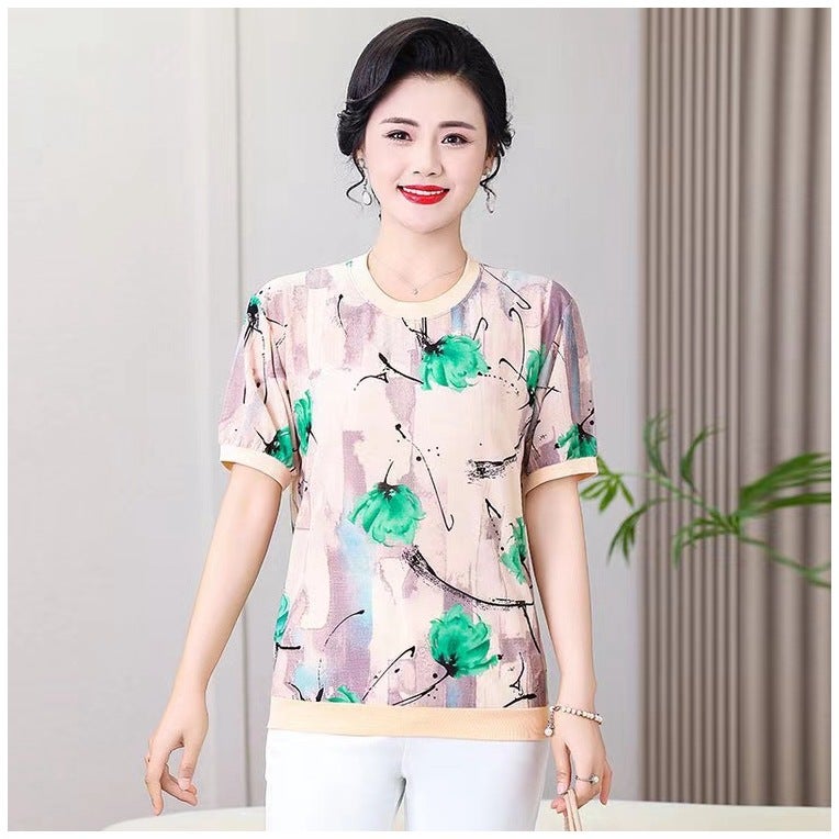 Autumn New Mother Printed Short-Sleeved New Chinese Round Neck Floral Slimming T-Shirt Fashionable National Style Middle-Aged And Elderly Shirt - Image 1