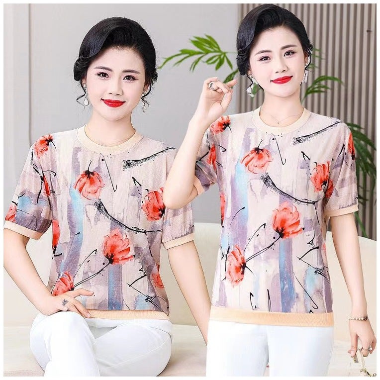 Autumn New Mother Printed Short-Sleeved New Chinese Round Neck Floral Slimming T-Shirt Fashionable National Style Middle-Aged And Elderly Shirt - Image 2