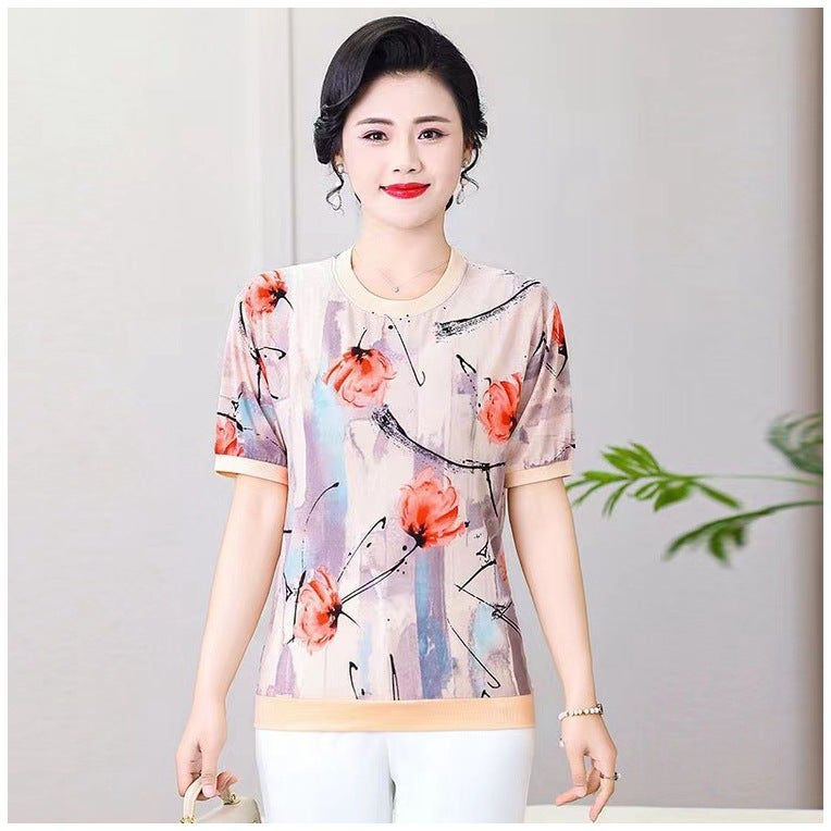Autumn New Mother Printed Short-Sleeved New Chinese Round Neck Floral Slimming T-Shirt Fashionable National Style Middle-Aged And Elderly Shirt - Image 4