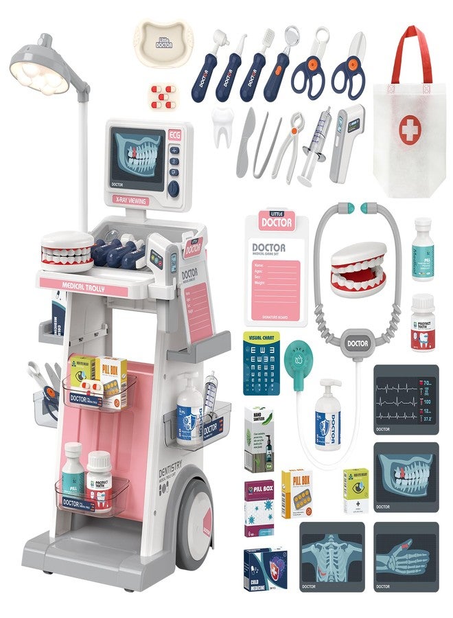 RedCrab Doctor Kit for Kids,32PCS Kids Doctors Play Set with Medical Cart,Stethoscope, Thermometer and Syringe,Dentist Doctor Role Play Toy Gift for Girls Boys 3,4,5,6,7,8+ (Pink) - Image 1