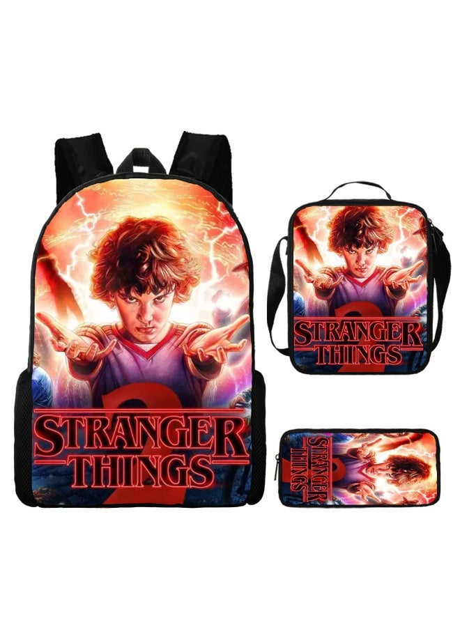 سترانجر ثينكينج طقم حقيبة ظهر Stranger Things المكون من 3 قطع يشمل حقيبة ظهر وحقيبة كروس ومقلمة للطلاب من المعجبين بعدة حجرات - Image 1