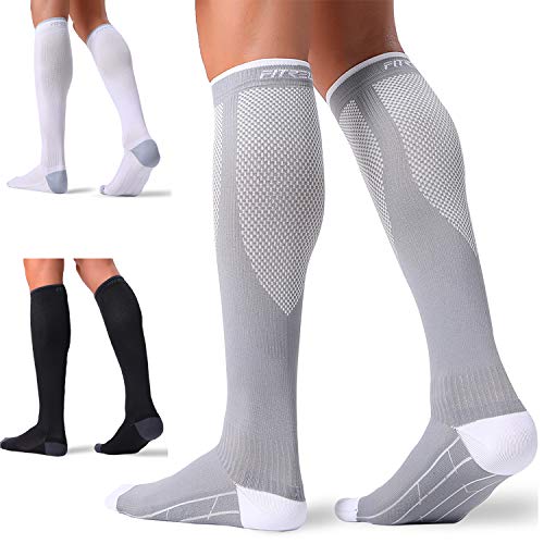 FITRELL 3 Pairs Compression Socks for Women and Men 20-30mmHg- Circulation and Muscle Support Socks for Travel, Running, Nurse, Knee High, Medical Black+White+Grey L/XL - Image 1