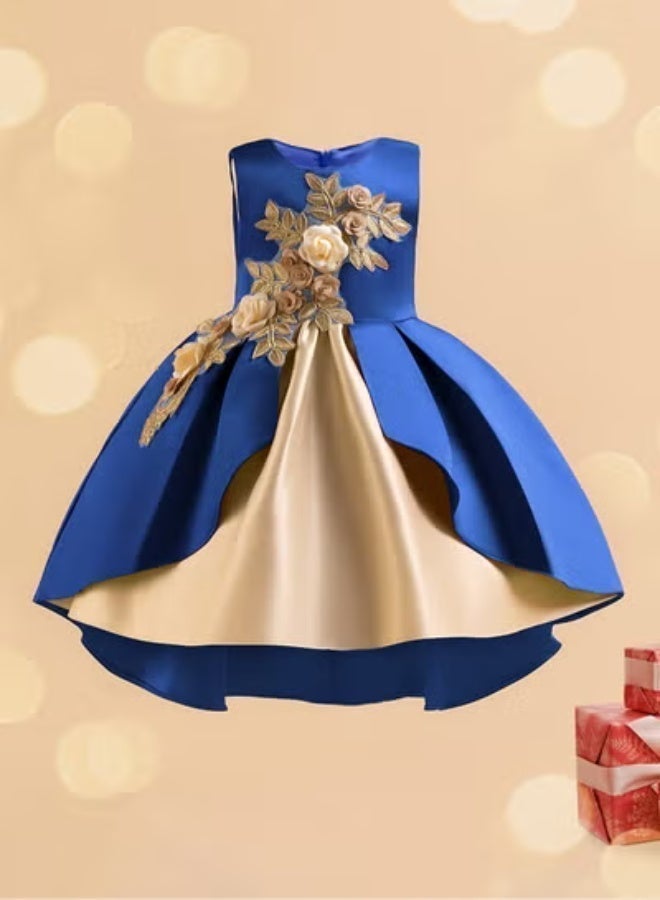 Vintage Style 3D Embroidery Princess Dress — Elegant Party Dress for Kids, Girls Party Wear Dress, Frock for Girls, Dresses for Girls, Kids Girl Dress, Tulle Dress, Birthday Dress — Royal Blue, 130cm (7-8Y) - Image 3