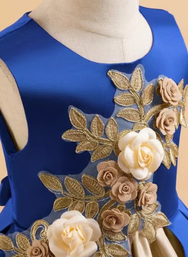 Vintage Style 3D Embroidery Princess Dress — Elegant Party Dress for Kids, Girls Party Wear Dress, Frock for Girls, Dresses for Girls, Kids Girl Dress, Tulle Dress, Birthday Dress — Royal Blue, 130cm (7-8Y) - Image 2