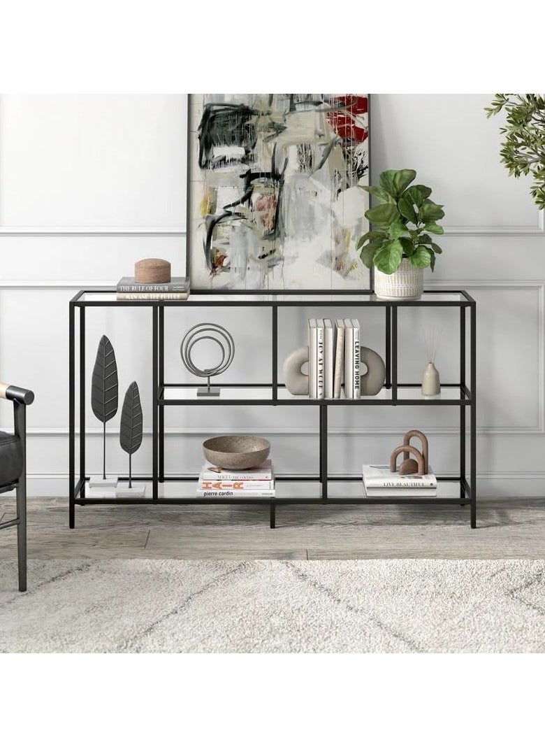 LINGWEI - Console Table Metal Tv Stand with Clear Glass Glass Shelves For Home Living room Bedroom Black 132.1x73.7x25.4cm - Image 1