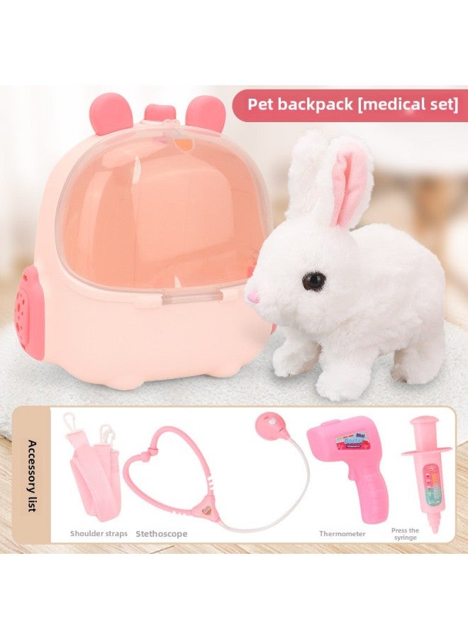 Children's Electric Simulation Small White Rabbit Will Call Girls Pet Doll Backpack Dog Gift Puzzle Plush Toy-Colors:Short Ear Backpack White Electric Rabbit Medical Package-Specifications:Rechargeable Battery + Charger - Image 1