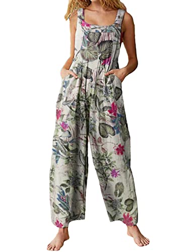 Himosyber Women's Patchwork Dual Pocket Jumpsuit Loose Floral Print Bohemian Wide Leg Bib Overall (#1White, XL) - Image 1