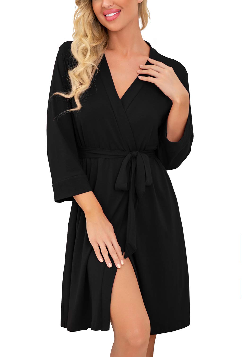 PrinStory Women Kimono Robes Short Lightweight Robe Soft Knit Sleepwear Casual Knit Bathrobe Ladies Loungewear Black-Large
