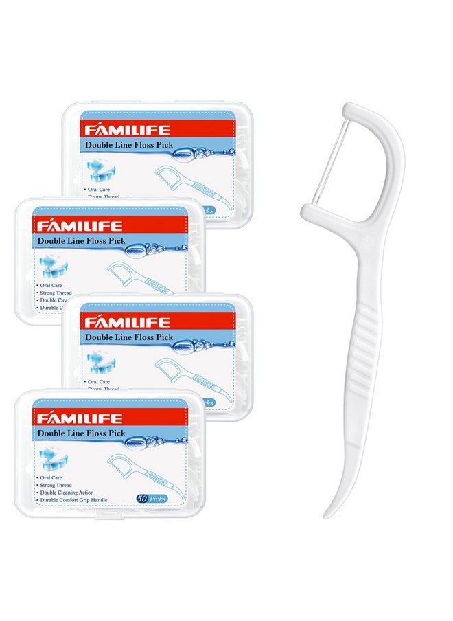 FAMILIFE - Dental Floss Picks, Double Line Flossers 200 Count, Unwaxed Flossing Thinner And Tougher Unflavored Threader Flosser With 4 Travel Cases - Image 1