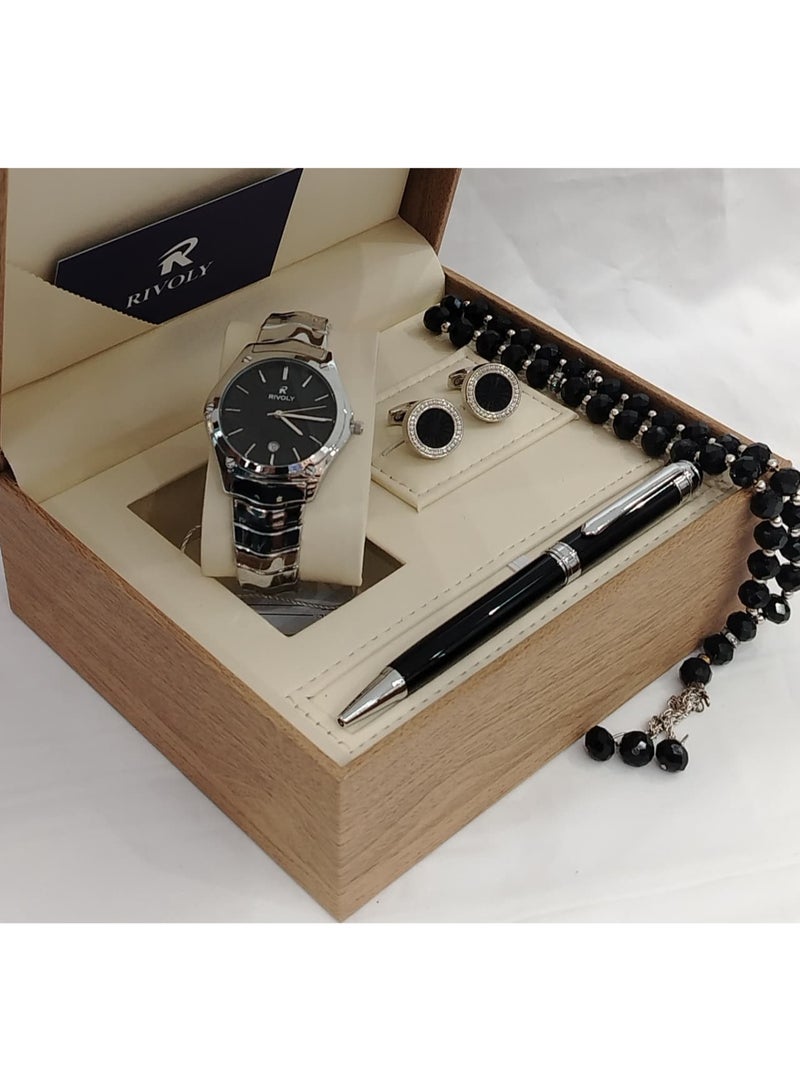 Rivoly "Men's Luxury Stainless Steel Watch Gift Set with Pen, Cufflinks, and Elegant Tasbih" - Image 1