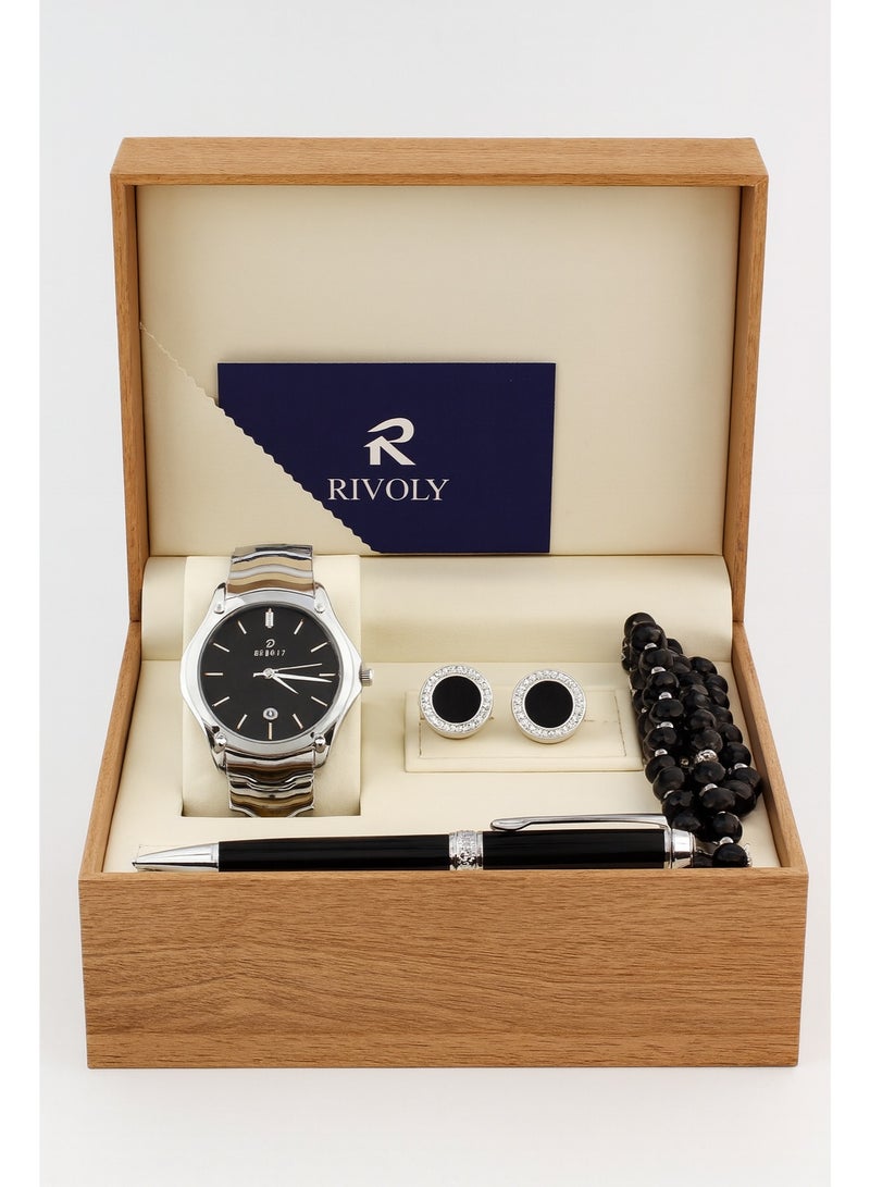 Rivoly "Men's Luxury Stainless Steel Watch Gift Set with Pen, Cufflinks, and Elegant Tasbih" - Image 2
