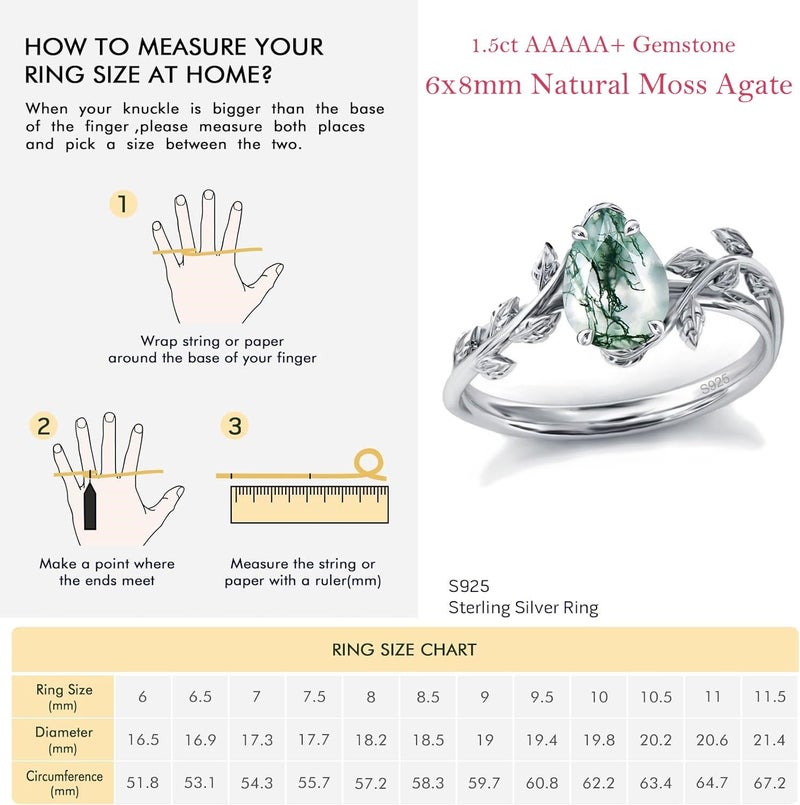 Wasee Natural Moss Agate Ring 925 Sterling Silver Green Pear Moss Agate Engagement Ring Leaf Wedding Promise Ring Jewelry Gift for Women,Ring Size 7 - Image 4