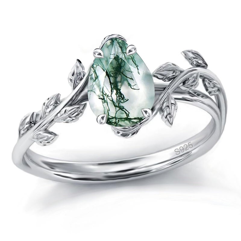 Wasee Natural Moss Agate Ring 925 Sterling Silver Green Pear Moss Agate Engagement Ring Leaf Wedding Promise Ring Jewelry Gift for Women,Ring Size 7 - Image 1