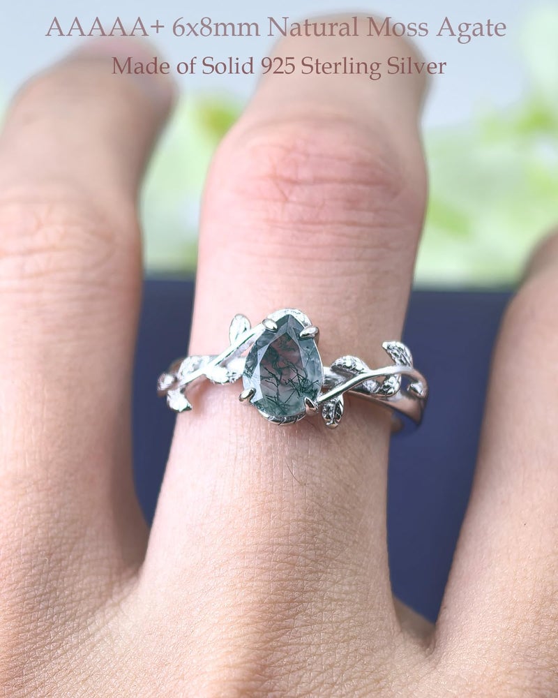 Wasee Natural Moss Agate Ring 925 Sterling Silver Green Pear Moss Agate Engagement Ring Leaf Wedding Promise Ring Jewelry Gift for Women,Ring Size 7 - Image 3