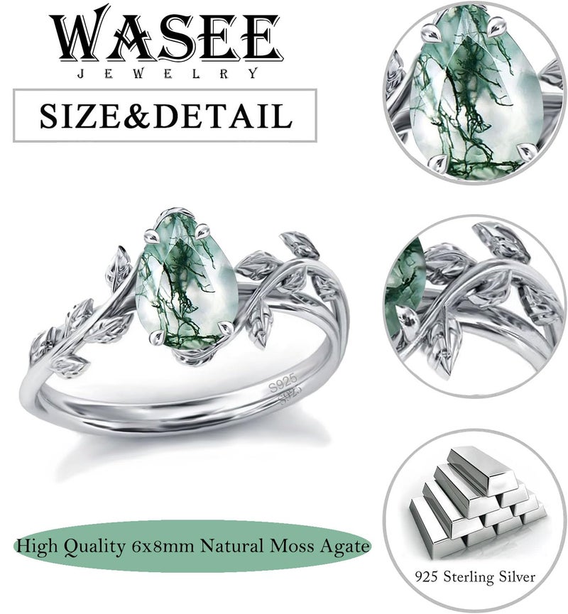 Wasee Natural Moss Agate Ring 925 Sterling Silver Green Pear Moss Agate Engagement Ring Leaf Wedding Promise Ring Jewelry Gift for Women,Ring Size 7 - Image 5