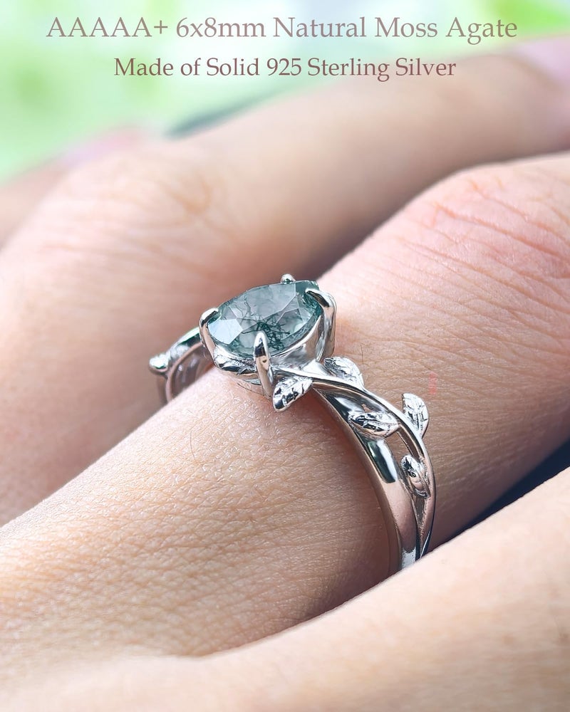 Wasee Natural Moss Agate Ring 925 Sterling Silver Green Pear Moss Agate Engagement Ring Leaf Wedding Promise Ring Jewelry Gift for Women,Ring Size 7 - Image 2