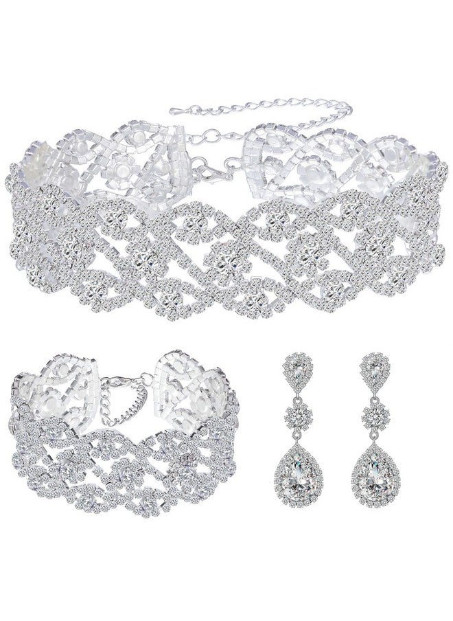 Paxuan - Women Rhinestone Crystal Wedding Bridal Choker Necklace Earrings Bracelet Jewelry Sets - Image 1