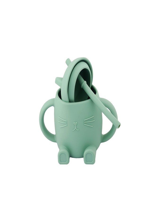 GUCHIGU Mini Cup + Straw Training System - 100% Silicone Training Cup for Infants + Toddlers | Reusable Portable Baby Sippy Drinking Cup for Kids | BPA Free | Cute Cat Shape (Green) - Image 1