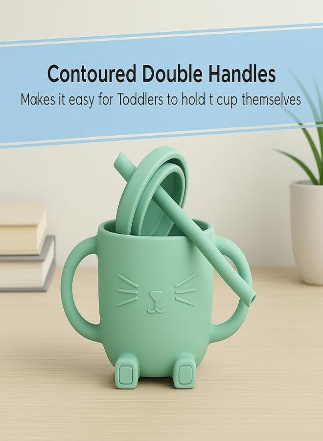 GUCHIGU Mini Cup + Straw Training System - 100% Silicone Training Cup for Infants + Toddlers | Reusable Portable Baby Sippy Drinking Cup for Kids | BPA Free | Cute Cat Shape (Green) - Image 2