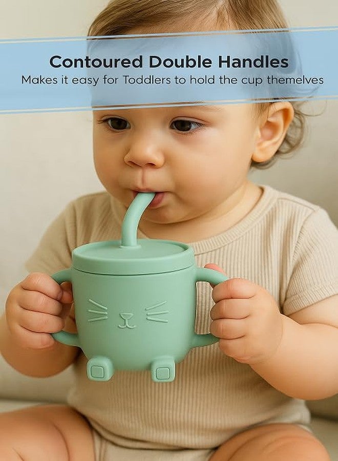 GUCHIGU Mini Cup + Straw Training System - 100% Silicone Training Cup for Infants + Toddlers | Reusable Portable Baby Sippy Drinking Cup for Kids | BPA Free | Cute Cat Shape (Green) - Image 3