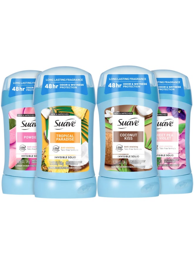 Suave Antiperspirant Deodorant for Women Variety 4Pack Powder Tropical Paradise Coconut Kiss Sweet Pea Violet AntiStaining Invisible Solid TalcFree 12 Oz Ea - Image 2