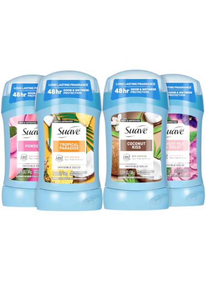 Suave Antiperspirant Deodorant for Women Variety 4Pack Powder Tropical Paradise Coconut Kiss Sweet Pea Violet AntiStaining Invisible Solid TalcFree 12 Oz Ea - Image 1
