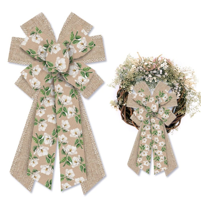 Hying Large Spring Bows for Wreath, Burlap White Magnolia Flower Bow for Front Door, Village Camellia Flower Wreath Bows for Party Decor Indoor Outdoor Wall Spring Summer Decoration Supplies Ornament - Image 1