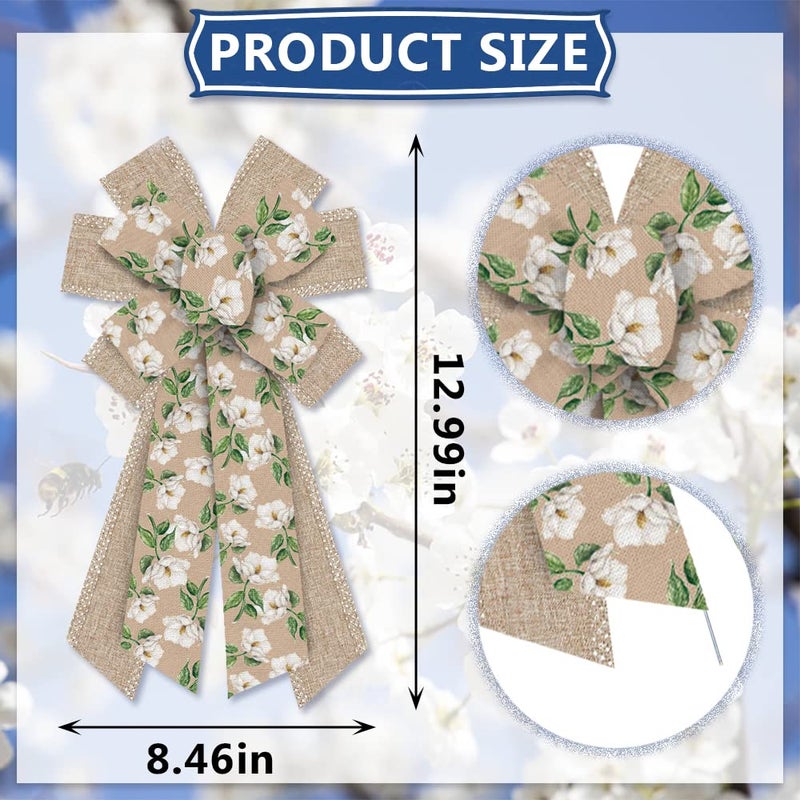 Hying Large Spring Bows for Wreath, Burlap White Magnolia Flower Bow for Front Door, Village Camellia Flower Wreath Bows for Party Decor Indoor Outdoor Wall Spring Summer Decoration Supplies Ornament - Image 2