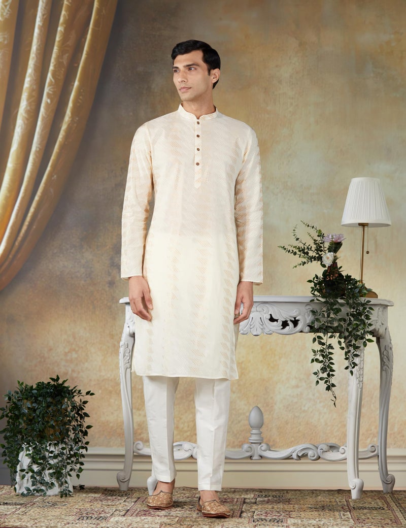 KISAH Mens Printed Cotton Blend Kurta – Traditional Ethnic Wear Kurta for Men for Weddings & Festivals Pearl White - Image 2