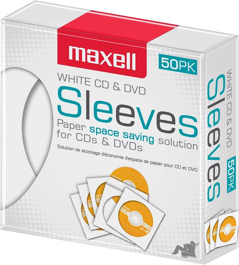 Maxell 190135 Protective Thin Clear Plastic Easy Storage CD  DVD Sleeves White 50 Pack Paper - Image 2