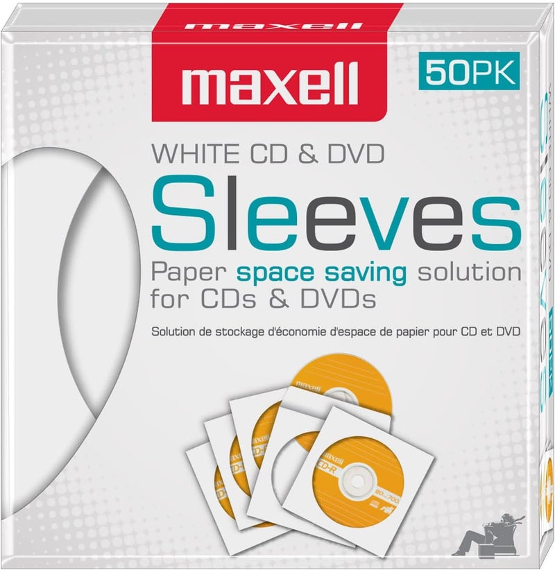 Maxell 190135 Protective Thin Clear Plastic Easy Storage CD  DVD Sleeves White 50 Pack Paper - Image 1