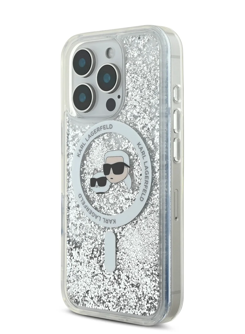 كارل لاغرفيلد جراب Magsafe لهاتف iPhone 16 Pro Max بغطاء صلب لامع سائل مع رأس Karl & Choupette / حماية من السقوط / تصميم نحيف / قبضة مريحة - شفاف
