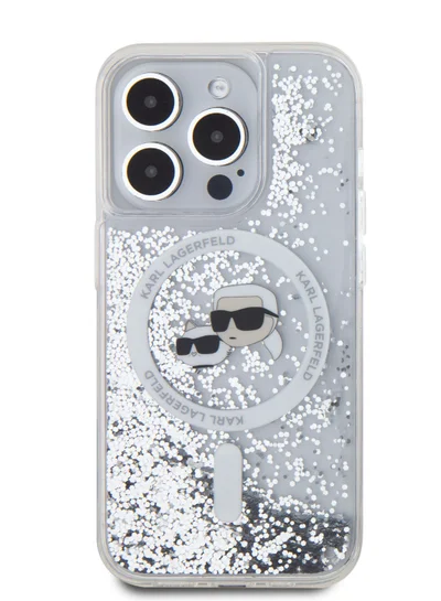 Karl Lagerfeld iPhone 16 Pro Max Magsafe Case Liquid Glitter Hard Cover with Karl & Choupette Head / Drop protection / Slim Profile / Comfortable Grip-Transparent