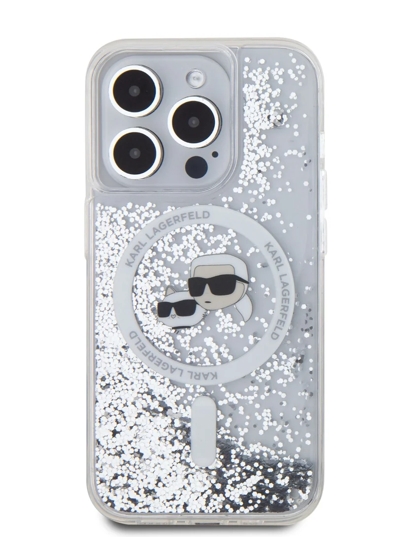كارل لاغرفيلد جراب Magsafe لهاتف iPhone 16 Pro Max بغطاء صلب لامع سائل مع رأس Karl & Choupette / حماية من السقوط / تصميم نحيف / قبضة مريحة - شفاف
