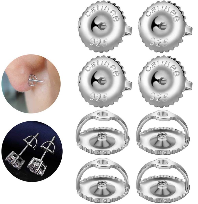 Catinee 4 Pairs Earring Backs 14k Gold  925 Sterling Silver Screw Backs Fit for 0032 Threaded Post Earring Studs White Gold