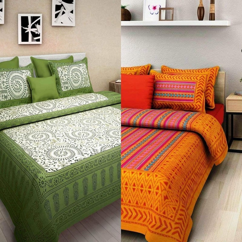 Ealth Kart Cotton Floral Rajasthani Jaipuri Double Bedsheets Combo Set of 2 with 4 Pillow Covers Multicolour King Size - Image 1