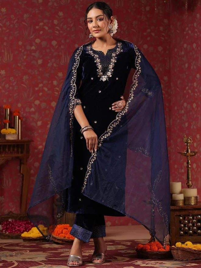 ISHIN ISHIN Navy Blue Velvet Kurta with Pants and Dupatta Set
