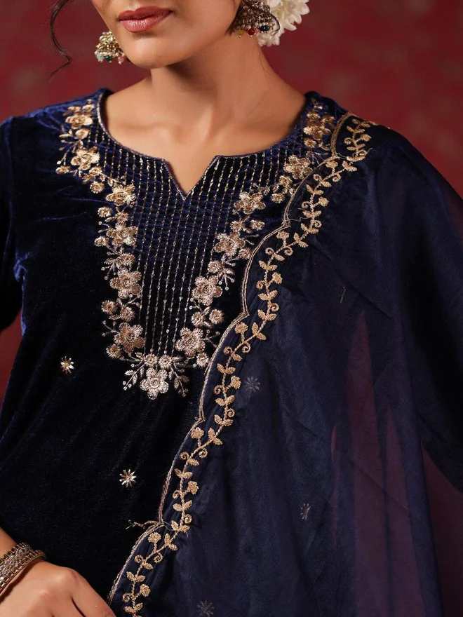 ISHIN ISHIN Navy Blue Velvet Kurta with Pants and Dupatta Set