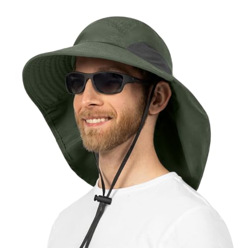 Gustave® Unisex Wide Brim Bucket Sun Hat with Neck Flap & Adjustable Chin Strap, UV Protection, Water Repellent, Breathable Quick Dry Mesh, Foldable Packable Outdoor Cap for Hiking, Fishing Green - Image 1