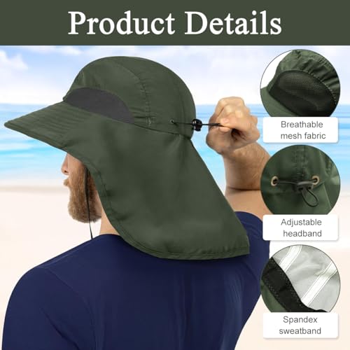 Gustave® Unisex Wide Brim Bucket Sun Hat with Neck Flap & Adjustable Chin Strap, UV Protection, Water Repellent, Breathable Quick Dry Mesh, Foldable Packable Outdoor Cap for Hiking, Fishing Green - Image 3
